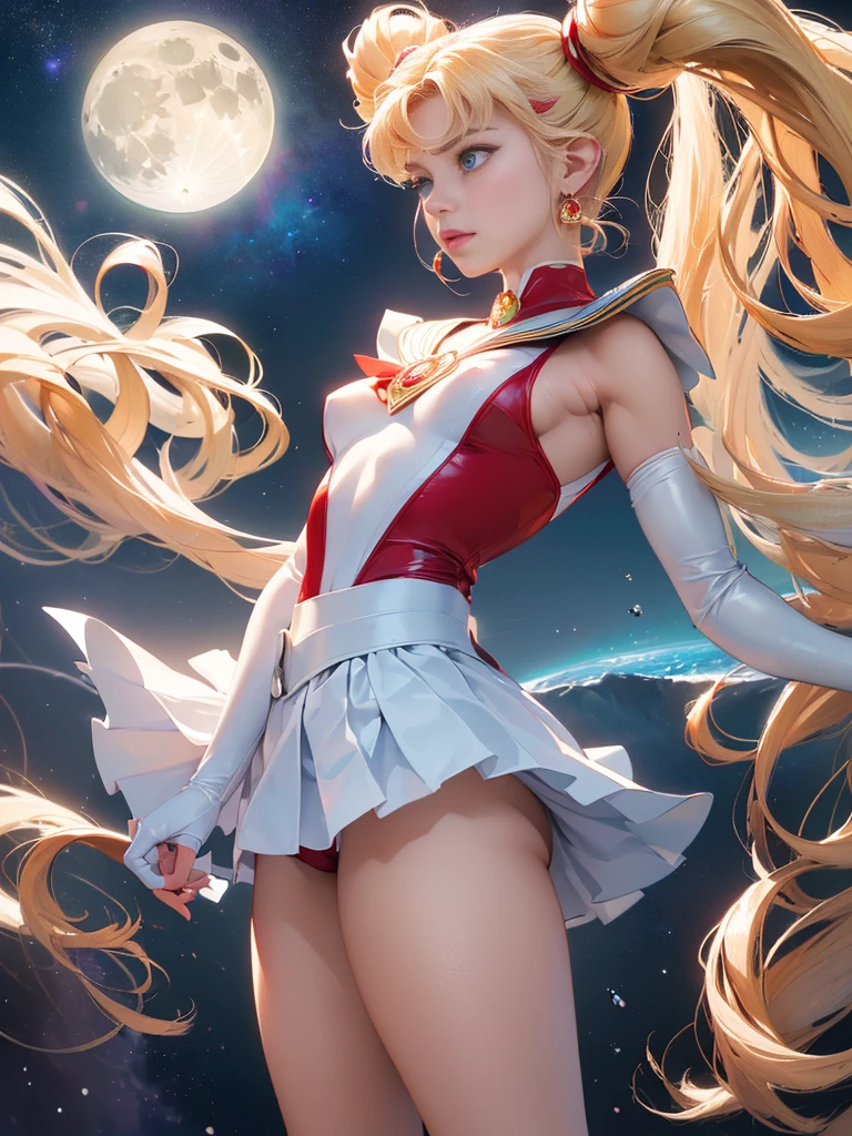 NSFW,table top、full:1.3、stand、8k、。.3d、realistic、super micro photography、highest quality、Wallpapers with extreme details CG Unity 8k、from below、intricate details、(1 female)、2、(sailor moon:1.6 Super Bishoujo Senshi sailor moon Mer1、Meisha Onfu,Land、sailor warrior uniform Sailor:1.5、sailor moon:1.5,Eternal sailor moon)、(Incredibly long and bright blonde twintails:1.4、thin and very long straight twin tail blonde, bun hair、Red round hair ornament for hair bun)、((sailor warrior uniform、sailor color,pregate mini skirt:1.5、Glossy pleated mini skirt:1.3、very large red ribbon on the chest,,,,,、white long latex gloves,red gloves on the elbows、A gorgeous golden tiara on the forehead、Ear Nipple Ring,luxury golden jewelry))、Extremely thin and fitted high gloss white holographic leather、High-gloss white latex high-leg swimsuit that shines like oil,(facial details:1.5、bright blue eyes、Beautifull expression、beautidfull eyes、iris outline, shining eyes、thin lips:1.5、thin and sharp pale eyebrows,、long and thick eyelashes、double eyelashes、thin, thin and muscular,,,、small face、tall and big breasts、perfect proportions、big breasts thin waist、sexy model posing、dynamic pose,Visible pores、enchanting smile、perfect hands:1.5、octane rendering、very dramatic picture、(The divinity of the moon,space background、moonlight rays、moon、dynamic background、exquisite light and shadow、dynamic angle、detailed background),strong natural light、sunlight、Digital single-lens reflex camera、sharp focus: 1.0、maximum clarity and sharpness