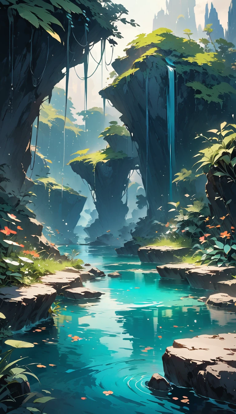 「A fantastical landscape in the water。Soft light shines through the water、A dreamlike space with pale blue and green hues。Tiny bubbles float on the calm water surface.、Gentle ripples are spreading。There are aquatic plants and rocks scattered around.、A scene with a calming, sleepy atmosphere。There are no living things、A mysterious space enveloped in silence spreads before you.。」