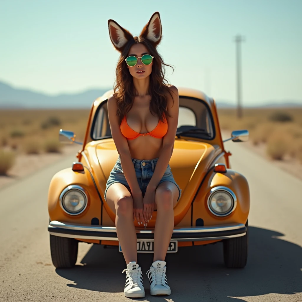 Brunette woman with green eyes, huge breasts, fox ears, blue denim shorts, orange bra, aviator sunglasses, Adidas sneakers, sitting on a vw car in the middle of the desert road 