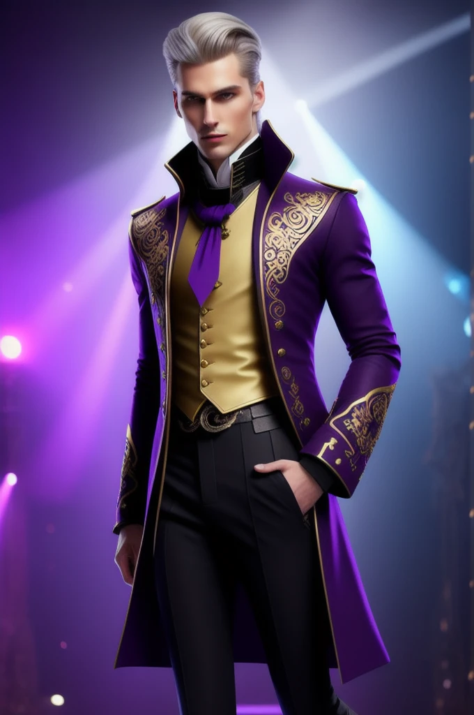 Pale and tall man, Appears to be 30-3. With light blond hair with a golden tint, Thin gray-blue eyes with dark purple eyeshadow and noticeably high cheekbones. His clothes are in Victorian style, old, Long dark burgundy jacket with lavender lining and gold pins on the folded cuffs. Under his jacket he has a purple vest over a white ruffled shirt, Wearing classic purple trousers, In dark blue knee-high boots and gloves of the same color.