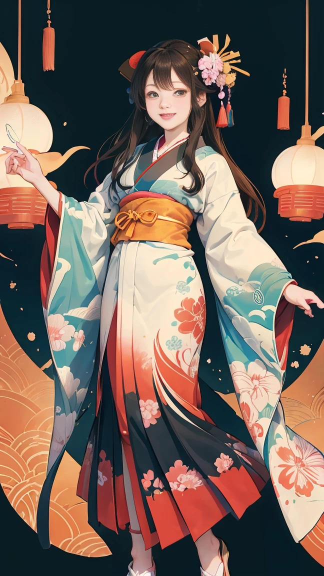 (SeaArt creates stunning illustrations of beautiful women in kimono)、Vividly colored Japanese Ukiyo-e style illustrations、A beautiful woman smiles and shows her upper white teeth、Brown-black long hair、Beautiful full body style、Let's dance a little Tokyo Ondo Yoiyoi、Beautiful new digital paintings,、Bright vibrant digital anime art、 Detailed digital anime art、 Beautiful anime portraits、background、Torii gate of a shrine in Kyoto, Japan、Detailed CG、
