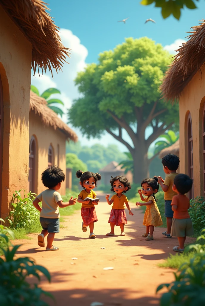 In 3d animation style "Children of the village playing outside while Sumana studies in the background."