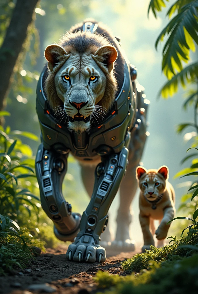 A cyborg lion running in the jungle with his  