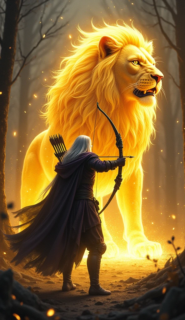 Raven, the dark elf archer, stands resolute in the heart of a shadowy forest, his deep purple leather armor almost invisible in the surrounding gloom. His long silver hair dances in the wind as he nocks an arrow on his black bow, which pulses with a powerful golden light. With steely determination in his eyes, Raven releases the arrow, sending it soaring through the air. As it flies, the arrow transforms into a colossal lion made of golden energy, its form radiating with blinding brilliance.
The golden lion roars with a thunderous echo, its luminous mane casting a bright glow across the darkened forest. The beast charges forward, its paws shaking the earth beneath as it barrels toward the enemy horde. The lion's golden form tears through the battlefield, obliterating the ranks of enemies with unstoppable force. The radiant aura burns away the shadows, revealing the devastation left in the lion's wake as it decimates everything in its path.
As the lion rampages, its golden energy leaves a trail of light, searing the very air and turning the once-shadowy forest into a battlefield bathed in gold. The dark horde crumbles before the lion’s might, their forms disintegrating into ash as the golden beast presses on. When the battle ends, only the lion’s fading glow remains, and Raven lowers his bow, the forest now quiet, bathed in the light of victory.