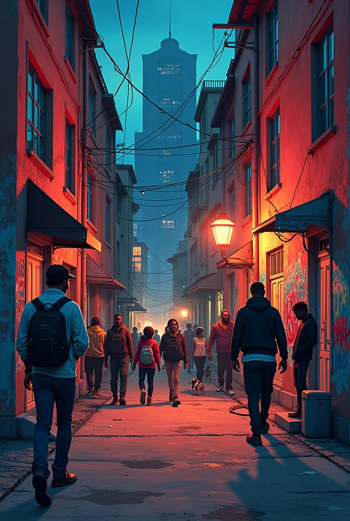 Music album cover art, artiste name: Webzy, featured artistes: ??? Kwesi and Kwame Dabie, album title: Trap Block, art concept: a gritty urban street scene, some graffiti, neon lights, and a sense of hustle and bustle