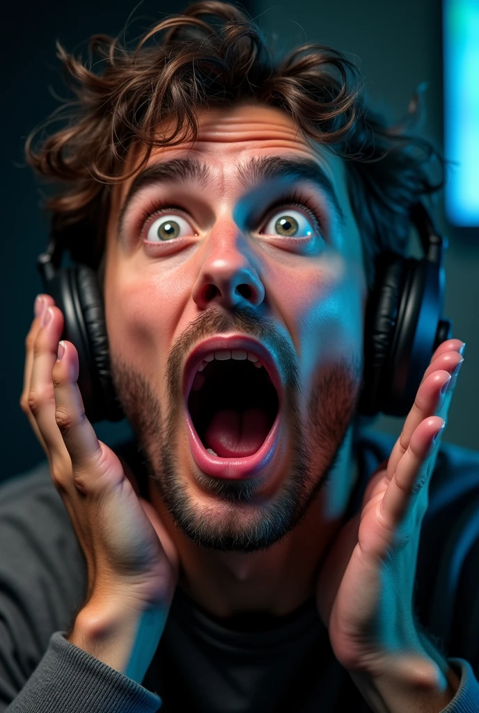 Man reaction image like his mouth open and his eyes Looking at the whole thing and his hand on his face and his hair should show and he wears a gaming headphone