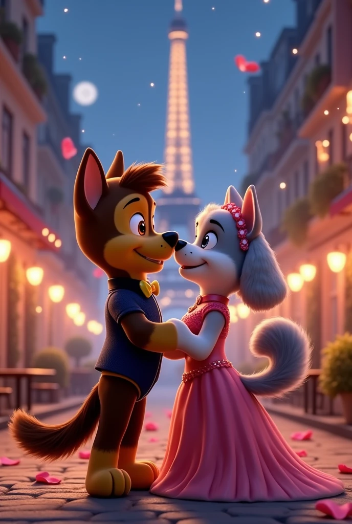 Paw Patrol chase and everest on a date in Paris with them kissing under the moonlight 