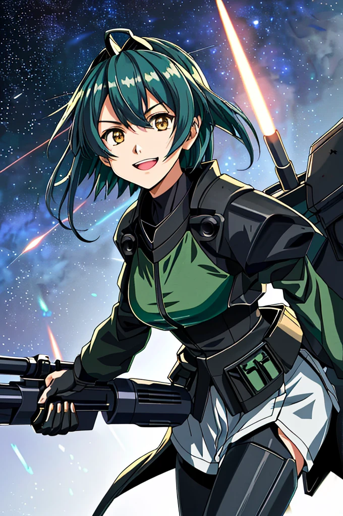 Highest quality,(Kantai Collection),(smile),roar_expression(Starry Sky_background),Young Girl,Bob_hair型, 4K,alone, whole body,With missile pods,bridge,A huge gun on his shoulder,Antenna on head,Big rocket thruster and binder on the back,Goldsmith,Ninja,(black_coat),green_pupil,Holding a machine gun,dark blue_hair, Hyper Detail
