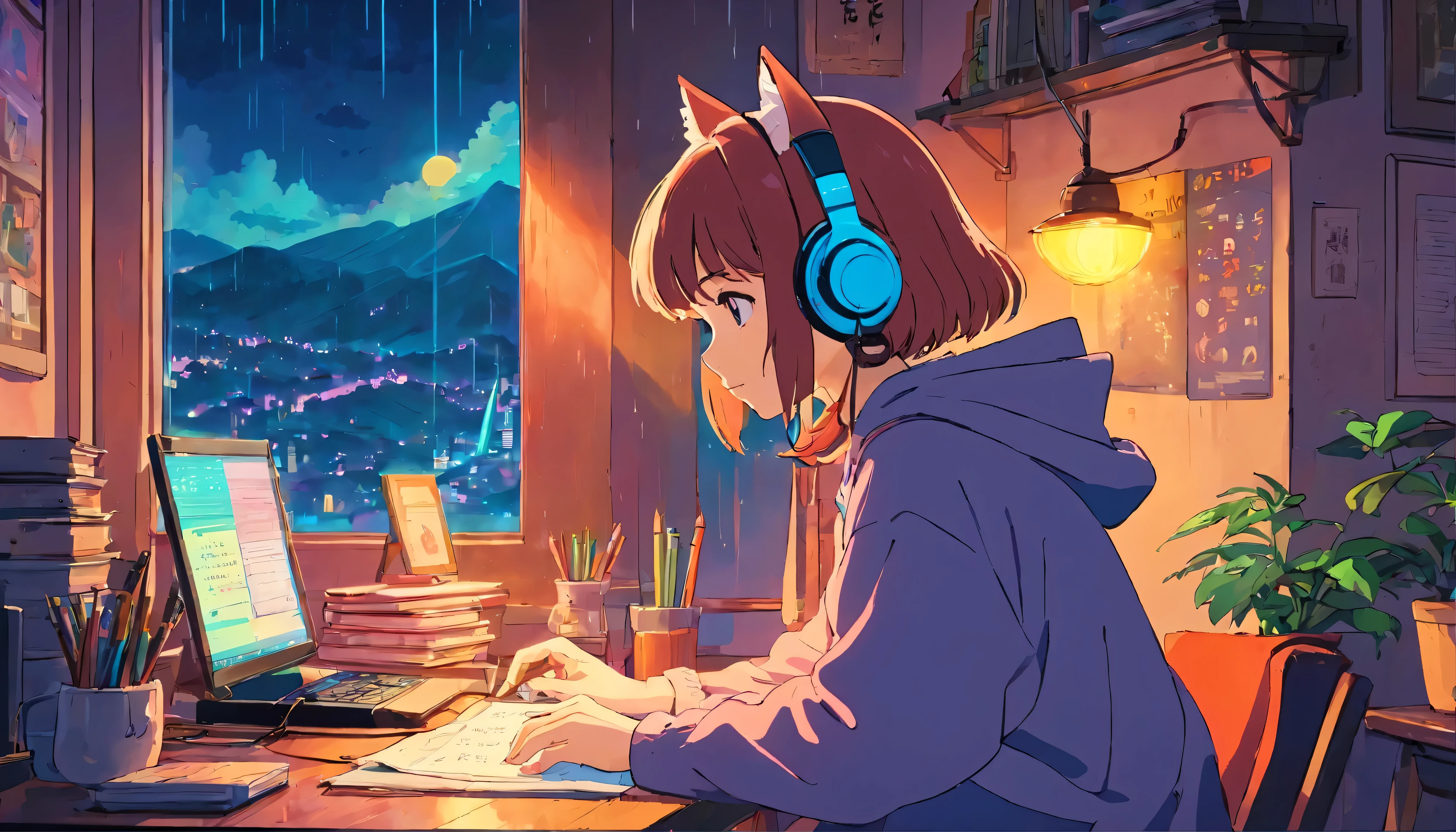 (like), Girl studying hard at desk, cat ears, Brief history, Put on the headphones., night light, Neon landscape of a rainy day from the window,Analog color theme, Lo-Fi Hip Hop , flat, 2.5D ,Line drawing, Ink drawing, Large gradient, Watercolor Painting, Kush color, Studio Ghibli Style, Super colorful., result, Synthwave, like art,90s style,old surface, Amplitude,90's atmosphere, table top, Great skills