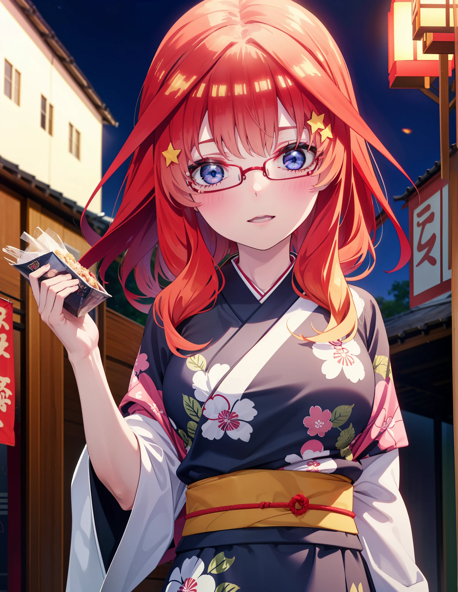 itsukinakano, Itsuki Nakano, bangs, blue eyes, Hair between the eyes, Ahoge, Redhead, star \(symbol\), hair ornaments, star hair ornaments,花のhair ornaments,Black-rimmed glasses,hair tied back,smile,blush,Open your mouth,Big Breasts,night,Red Kimono,Long skirt,He is holding cotton candy in his right hand and a clear bag full of cotton candy in his left hand.,Japanese Festivals,Summer festival food stalls,Red lantern,whole bodyがイラストに入るように,
break looking at viewer,whole body, (Cowboy Shot:1. 5),
break outdoors, Veranda,
break (masterpiece:1.2), Highest quality, High resolution, unity 8k wallpaper, (figure:0.8), (Beautiful attention to detail:1.6), Highly detailed face, Perfect lighting, Highly detailed CG, (Perfect hands, Perfect Anatomy),