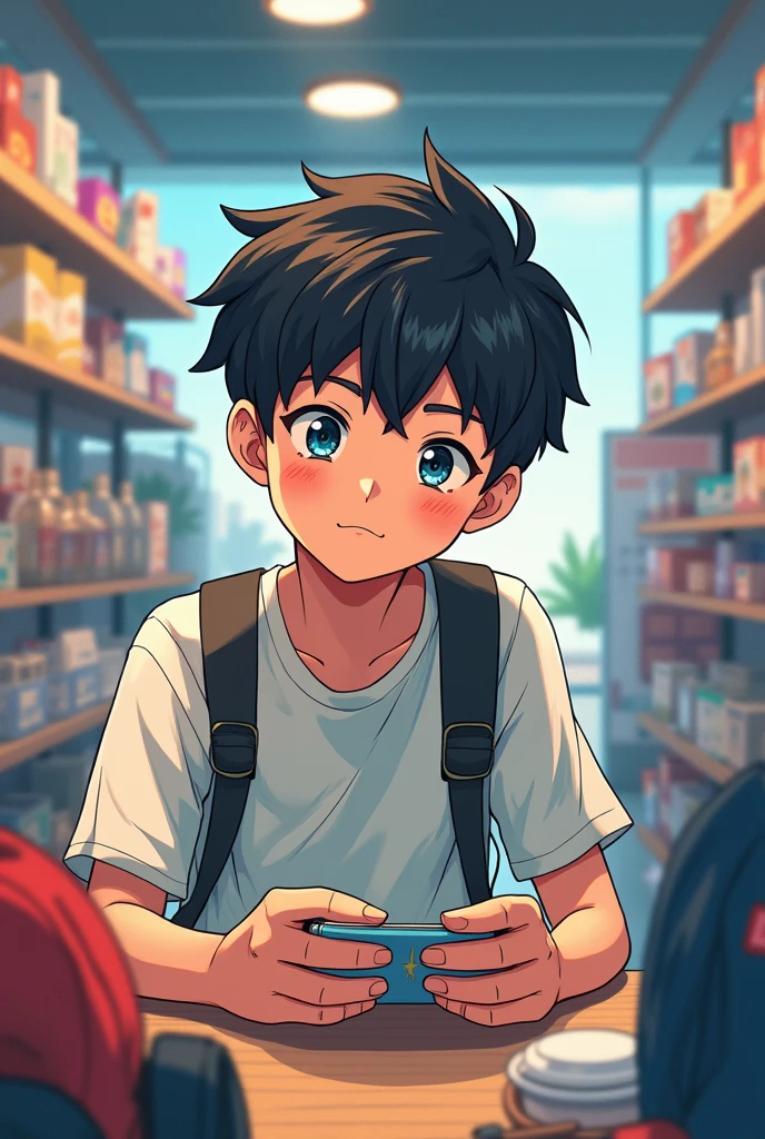 Make a man anime poster carefully comparing and choosing what to buy at store between the real and fake products