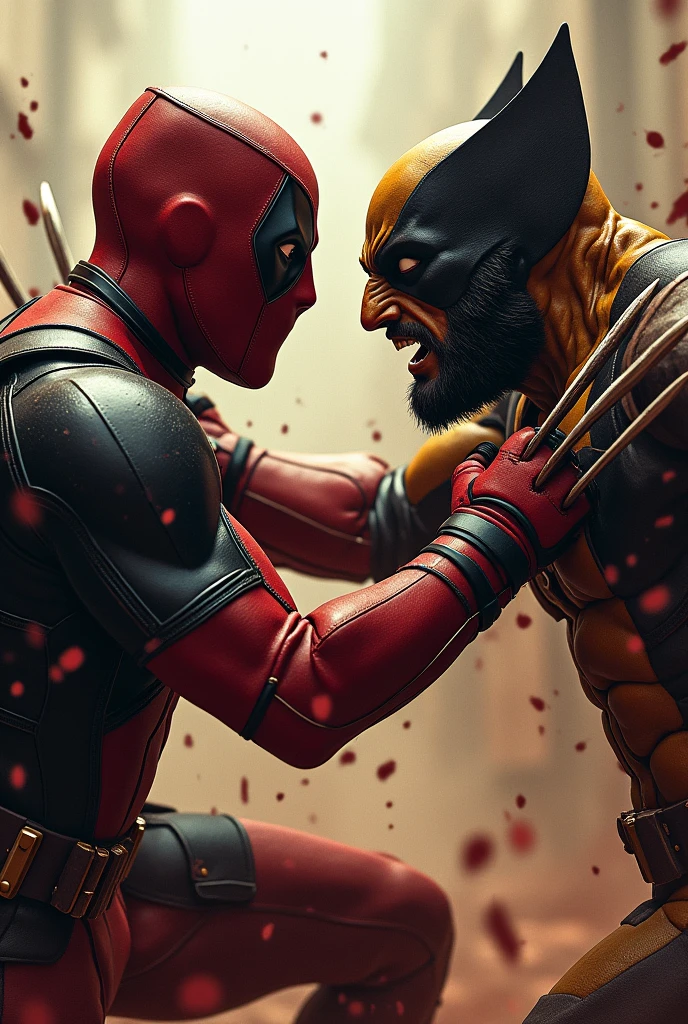 Deadpool with fight moment with blood background without gun and wolverine