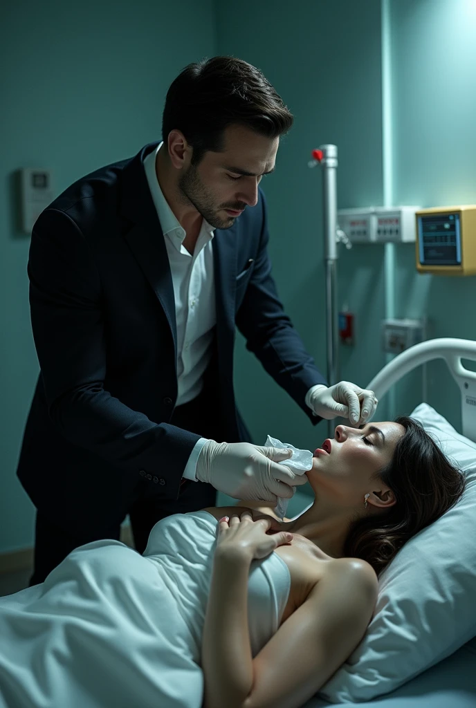 Un homme sexy avec des gants blancs qui se tient derière une femme dans un lit d’hopital. L’homme mets un chiffon sur la bouche de la femme qui se débat