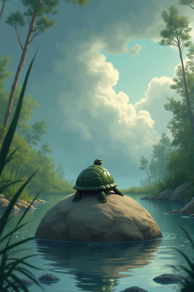 Timmy's Calm
* Prompt: Timmy, the calm and collected turtle, sitting on a large rock in the middle of the pond. He is observing the storm with a sense of peace and tranquility.
* Style: A peaceful, serene image with soft, natural colors and a sense of calm.
