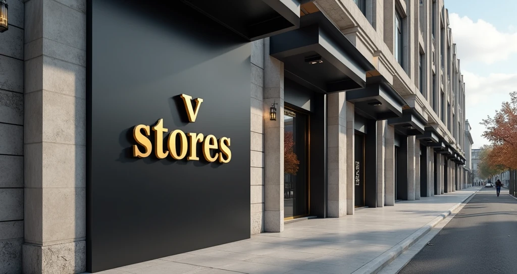 write "stores" in gold below the logo. premium, realistic.