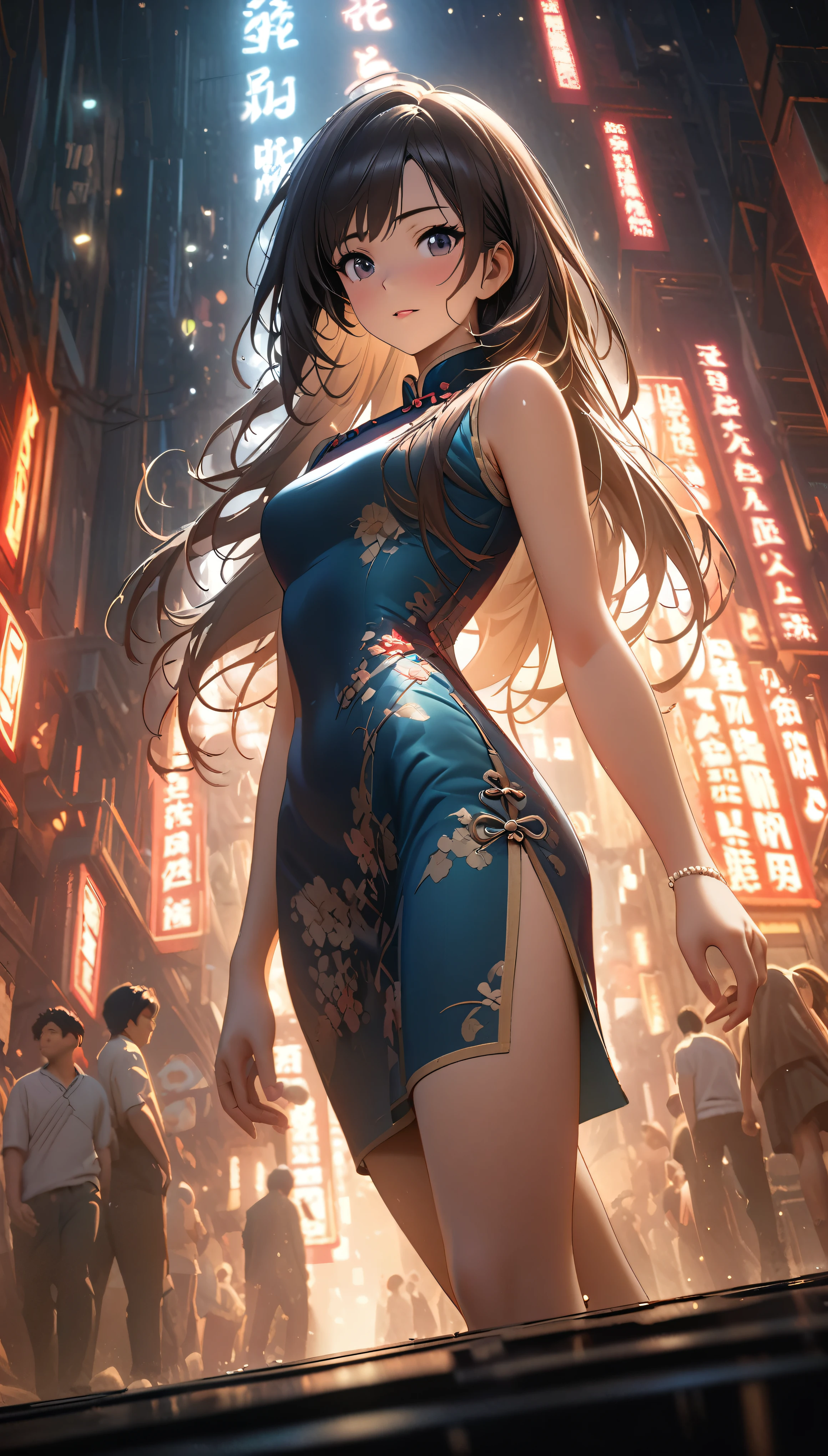 Cheongsam Girl，Long Hair，Pure white background，Depth of written boundary，Low angle view，Calf Level View，Overclocked Renderer，Cinema Lighting，Ultra-fine，Very detailed，complicated，Cinematic Perspective，CG Art，