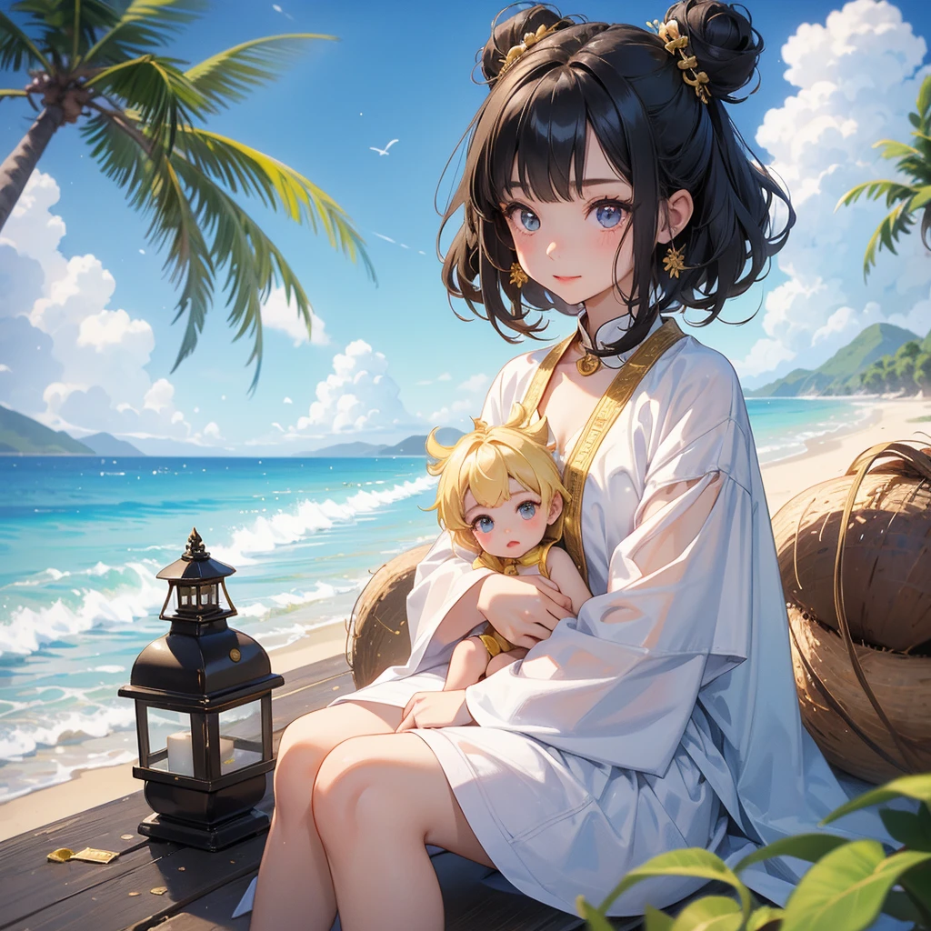 A chibi child girl had a small face and Wearing a white little Taoist priest's outfit. A pair of big round eyes shone with curiosity about him. This child was so cute!, Burning joss paper and gold paper for the departed spirits, her hair is black with two buns on her hair.smiling.The little chibi baby looked up with his chest raised, and his face was old and proud.
Sitting under a coconut tree, on the beach, blue sea, seeing the sea and green mountains, low clouds