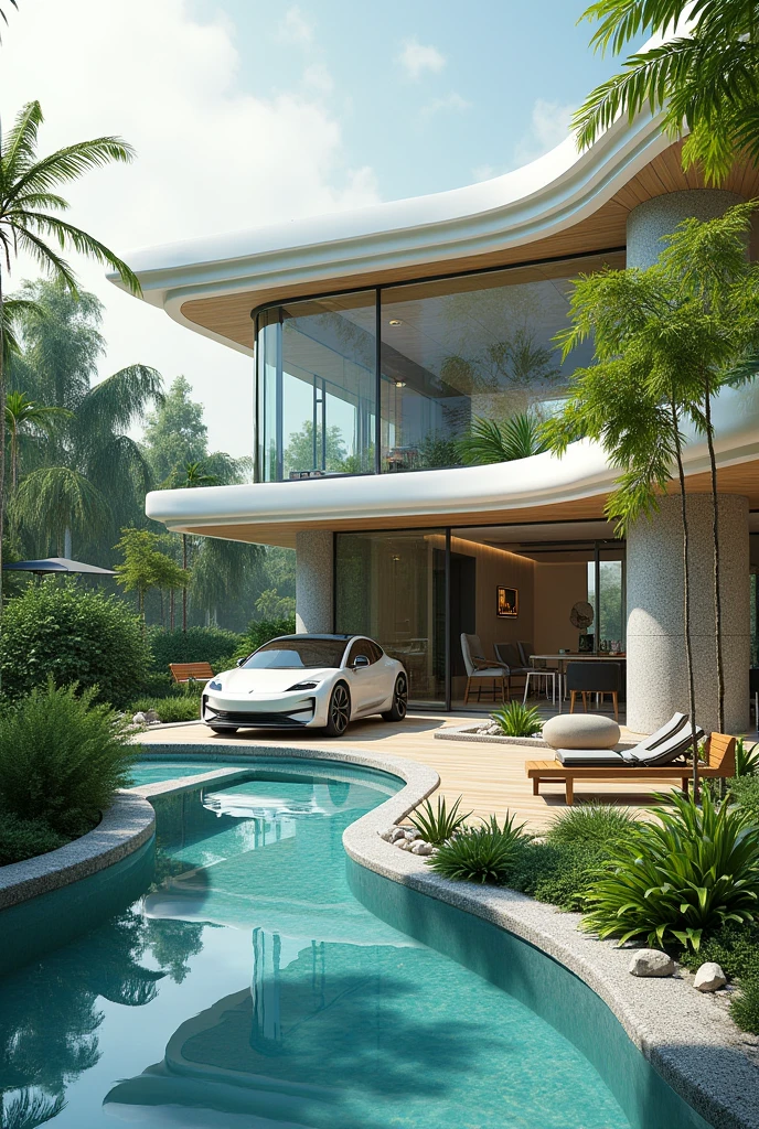 With solar system wind system water system barrier-free with bathtubs and garden with pool wheelchair accessible electric car