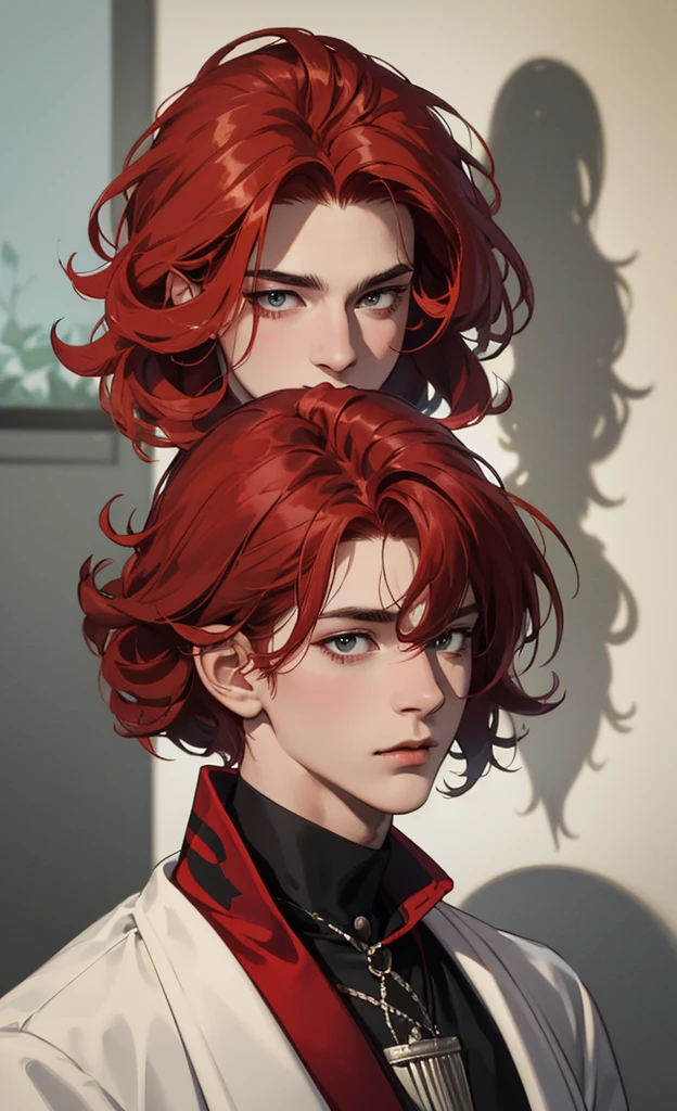(Absurd, High, extremely detailed),((Masterpiece)), ((Best quality:1.1)), man. A high resolution, 8K,1 boy, (Red hair, Slightly curly hair, hair super short, layeRed hair :1.1 ), shadowed face, (People'black coat with red fabric, black top, black men'sports trousers: 1.1), , (view from above: 1.1) , (Red eyes), (katana in hand), night city, standing still