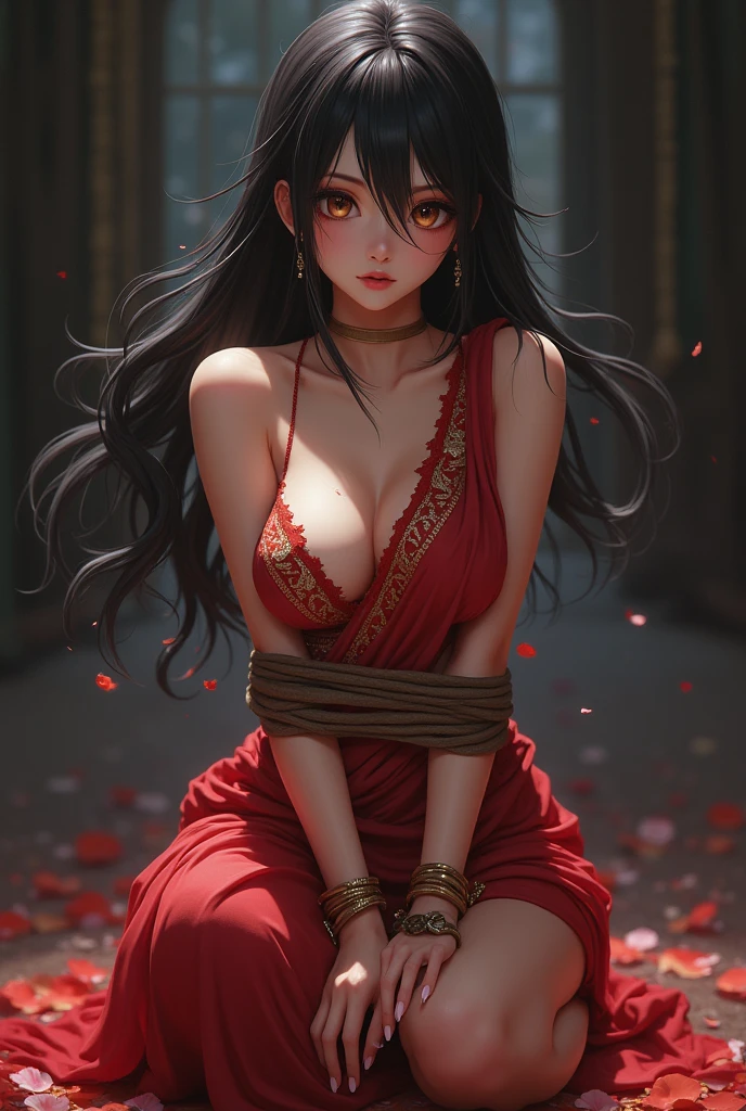 an anime girl in a sexy saree hogtied