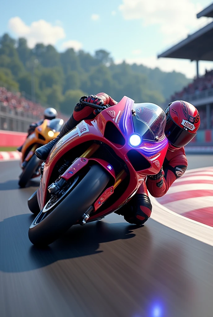 high resolution、high quality、Real、Realistic、Realな質感、Realistic、motorcycle、Red and purple motorcycle、drift、Bend the handle、Going around a curve、During the race、multiple、Super detailed、High resolution、