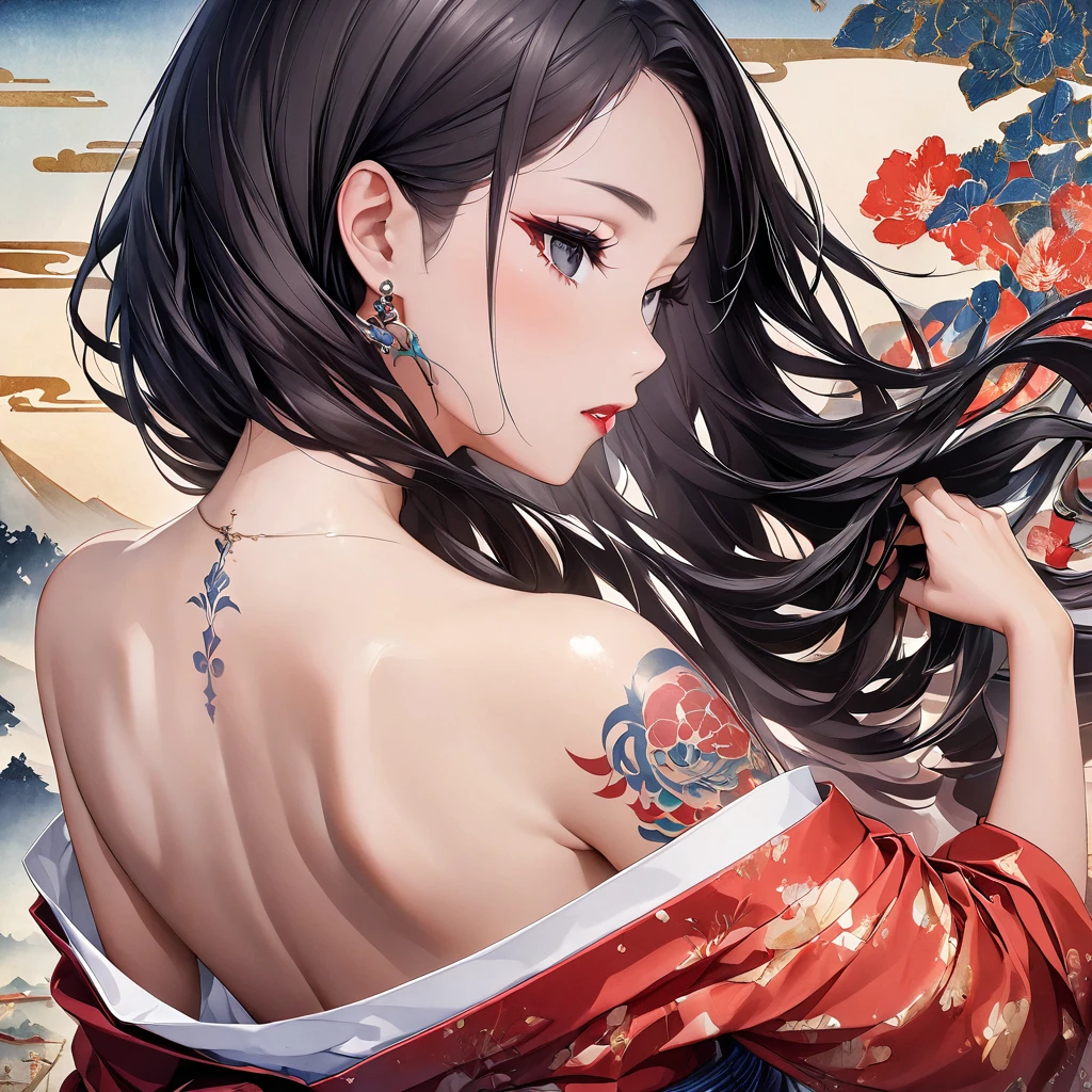 A fusion of watercolor and oil painting, , Mix of Japanese paintings, Ukiyo-e and woodblock prints, Conceptual installation art, Beautiful Princess, Enchanting and seductive expression, compensate, Best body shape, colorfulな日本の着物を着ている, (Super detailed, The absolute solution, Highest quality:1.3), 2.5D, delicate and dynamic, artistic, Hyper, Graphics CG Digital Art, The background is old Japanese paper with a rainbow pattern.、Black Hair、Black Eye、Red kimono、Dancing Kimono、Fluttering hair、Bob Hair、eye shadow、Eyeliner、mascara、lipstick、colorful、Back view、Tattoo