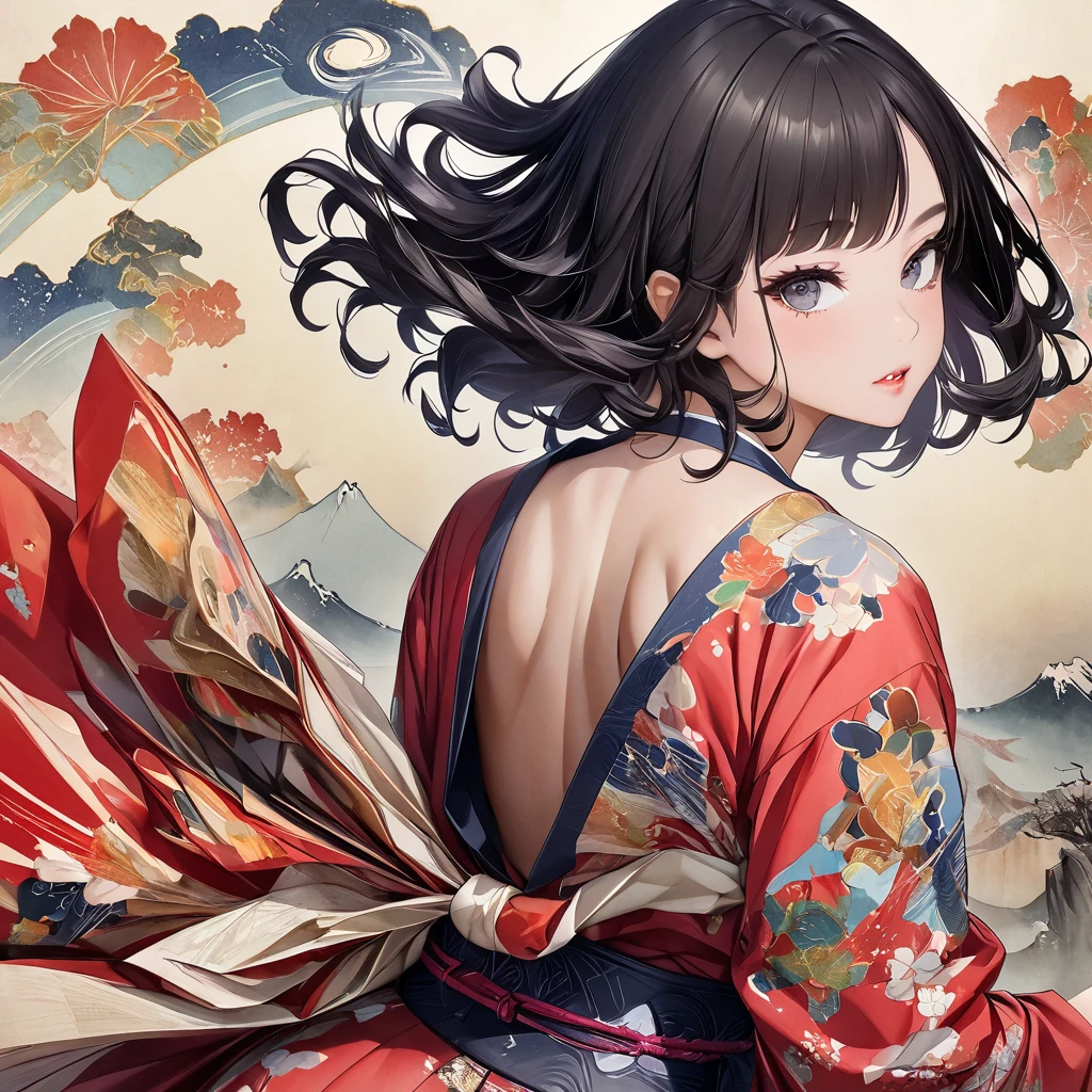 A fusion of watercolor and oil painting, , Mix of Japanese paintings, Ukiyo-e and woodblock prints, Conceptual installation art, Beautiful Princess, Enchanting and seductive expression, compensate, Best body shape, colorfulな日本の着物を着ている, (Super detailed, The absolute solution, Highest quality:1.3), 2.5D, delicate and dynamic, artistic, Hyper, Graphics CG Digital Art, The background is old Japanese paper with a rainbow pattern.、Black Hair、Black Eye、Red kimono、Dancing Kimono、Fluttering hair、Bob Hair、eye shadow、Eyeliner、mascara、lipstick、colorful、Back view、Tattoo