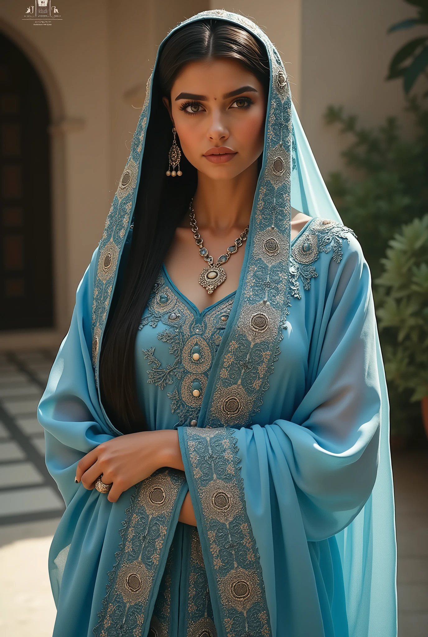 (photorealism:1.2), portrait of  curvy woman inside Alhambra with very Long hair black, crowned with arabic headdress middle age, blue kaftan, gold jewelry, Al andalus Era, islamic vibe, arabic woman.