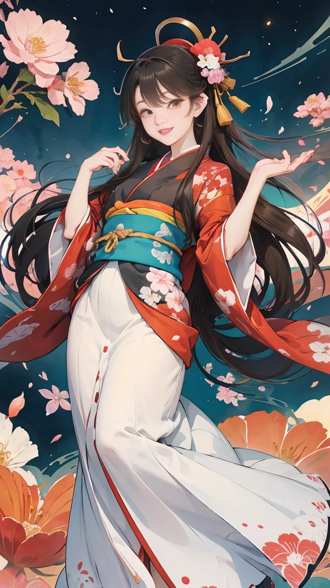 (SeaArt creates stunning illustrations of beautiful women in kimono)、Vividly colored Japanese Ukiyo-e style illustrations、A beautiful woman smiles and shows her upper white teeth、Brown-black long hair、Beautiful full body style、Let's dance a little Tokyo Ondo Yoiyoi、Beautiful new digital paintings,、Bright vibrant digital anime art、 Detailed digital anime art、 Beautiful anime portraits、background、Torii gate of a shrine in Kyoto, Japan、Detailed CG、
