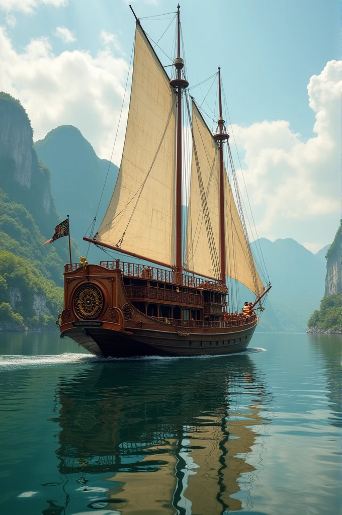 Steamboat with a rear wheel that propels it and with sails, and with rooms for 5 passengers
