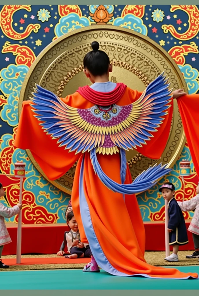 Phoenix Resurrection Dance、(One child)、(Traditional Japanese Bugaku:1.2)、(Phoenix feather costume:1.2)、(Children wear costumes modeled after phoenix feathers and perform a dance symbolizing the phoenix's return from the underworld.)、The background is filled with a huge decorative pattern of a large drum.、The pattern is auspicious, with phoenixes and five-colored clouds.、中央は太鼓で金箔が貼られていて稚児の舞をdramaticに浮かび上がらせます、Please summarize the whole picture、dramatic、Photorealistic、
