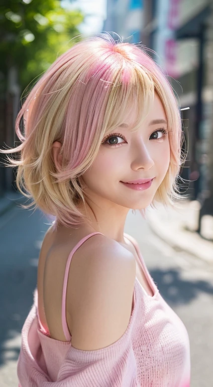Happy smile seeing this、In the city、(Highest quality,8K quality,masterpiece:1.3,),(Ultra-high resolution:1.3,Realistic:1.4,RAW Photos:1.2),(Very detailed:1.2,Glowing Skin,Detailed skin:1.1),(Detailed face,Perfect Anatomy,Caustics:1.2),,1 person,cute,Japanese,1,Japanese Ido,pink hair, [(gradient hair from pink to blonde:1.5):0.4], medium hair,Curl short hair outward,cute目,Natural Makeup,bright casual clothes,Laughter,Looking into the camera,On the face,Face Focus,Professional Lighting,Natural soft light,