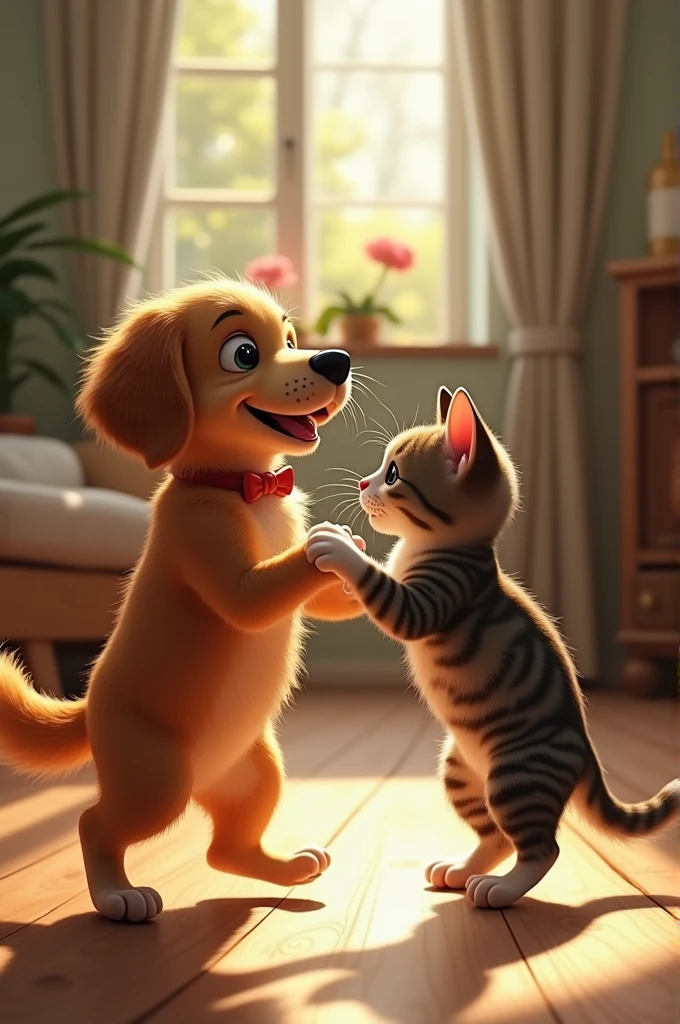A dog and a cat dancing a waltz