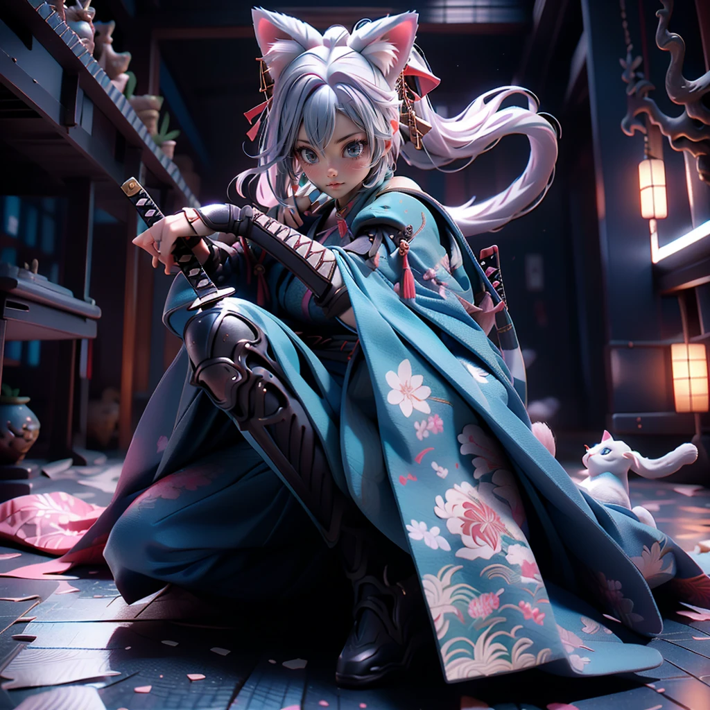Moisturized Skin, (blue eyes), Realistic body, (Adult female body), Energetic, 3DCG, front, Pink lipstick, (Silver Hair), ((Cat ear)), Beautiful Hair, Long Hair, ponytail, (((Samurai Armor: 1.3))), ((masterpiece + Highest quality + High resolution + Very detailedな)), (whole body: 1.2), Get down on your right knee, Raise your left knee, Place your left hand on the ground, Holding a Japanese sword, Perfect fingers, Perfect limbs, Depiction from above, Anatomically correct, Textured skin, Very detailed,