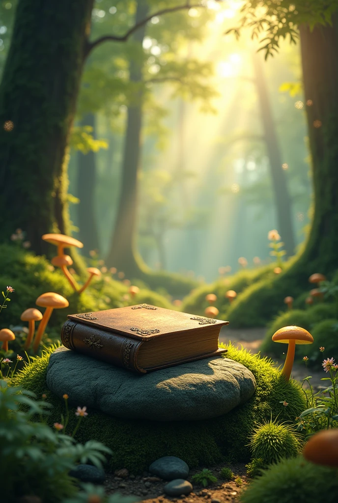 A book on a stone in the middle of the garden, Natural and realistic rendering, Forest Background, In a picturesque forest diorama, Lush vegetation in the background, 魔法Forest Background, Depth of Field Background, 精灵Forest Background, Woodland Background, 柔软的Forest Background, Fantasy forest environment, 魔法Forest Background, Realistic scene, Miniature Forest, The nature of reality, Realistic garden