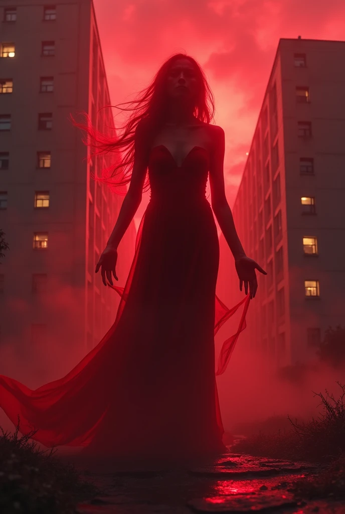 Make a thumbnail where "a bloody ghost lady shouting 'I want justice' near the rg kar hospital " image ratio - 16:9
