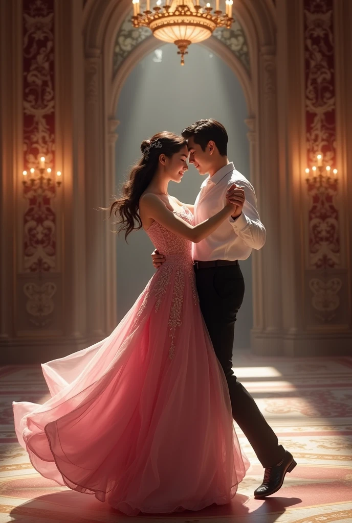 A korean princess in pink gown and a korean prince in white shirt and black pant dancing from a vampire castle