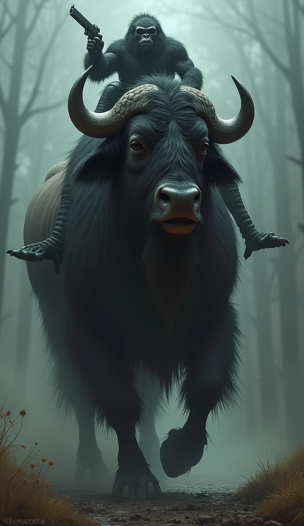 "Design a formidable and dark creature that combines the features of an American Bison and a Friesian horse. This new creature should have the massive, muscular build of the bison, including its large horns, and the sleek, powerful legs and flowing black mane of the Friesian horse. Perched atop this beast is a menacing ape, holding a gun and exuding an air of dominance. The scene should be set in a shadowy, ominous environment to accentuate the creature’s intimidating presence."