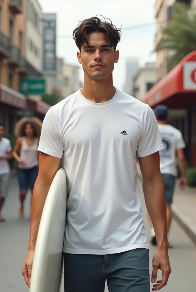 Create a common looking male model, holding a surfboard wearing a simple white t-shirt in streetwear style.