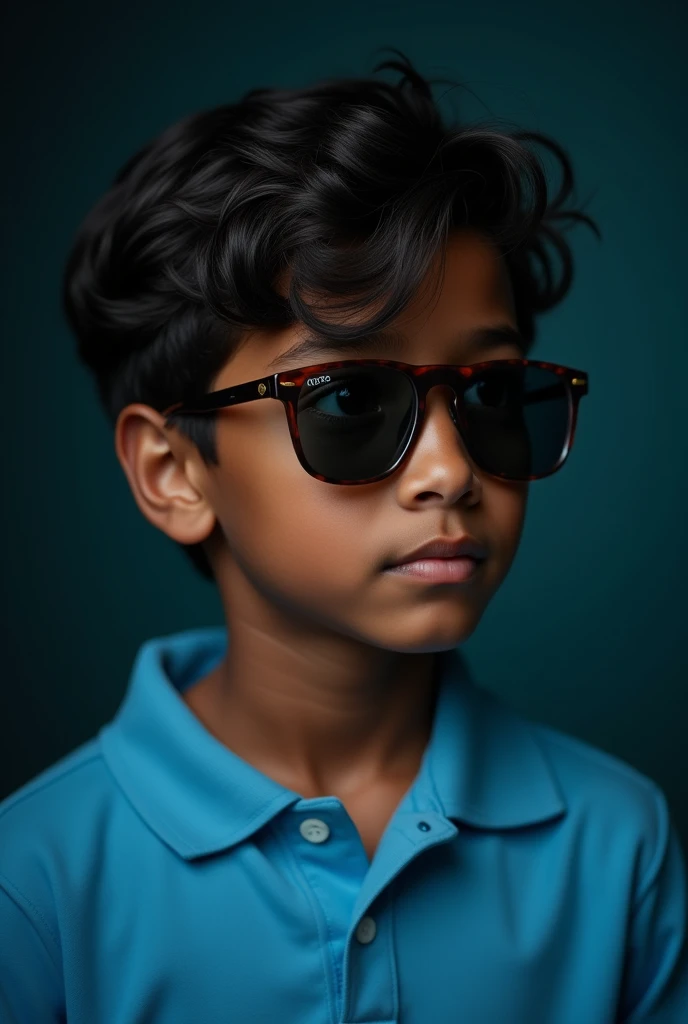 A 1  young (dark) boy with black short wavy hair wearing sunglasses and sky blue polo t shirt with black background  and dim light , [only face]