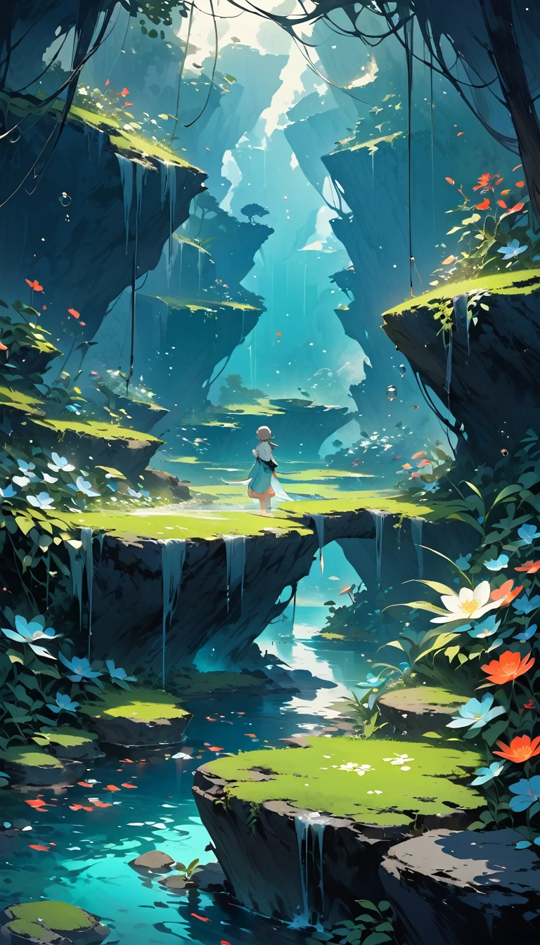 「A fantastical landscape unfolding in the tranquil waters。Soft light shines through the water、A dreamlike space with pale blue and green hues。Tiny bubbles float in the clear water.、Gentle ripples are spreading quietly。There are aquatic plants and rocks scattered around.、A scene with a calming, sleepy atmosphere。There are no people or creatures、A mysterious space enveloped in silence spreads before you.。」