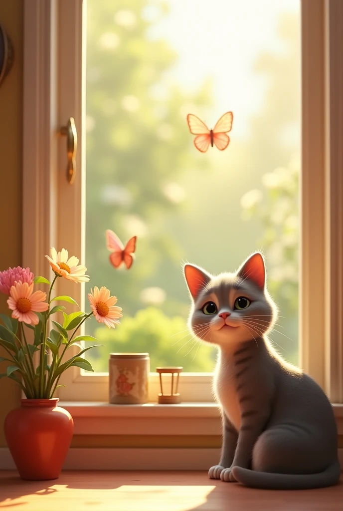 With a 3d Pixar Animation, A peaceful scene of a gray tabby cat sitting by a sunny window with the and the , looking out at a blooming garden. The cat's expression is content and relaxed, with the warm light of a happy home surrounding her.
Add a and a with the cat