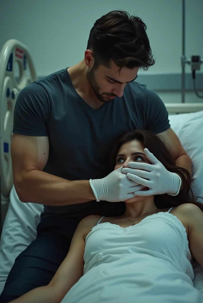 Un homme sexy en t shirt avec des gants blancs qui se tient derière une femme dans un lit d’hopital. L’homme mets un chiffon sur la bouche de la femme qui se débat