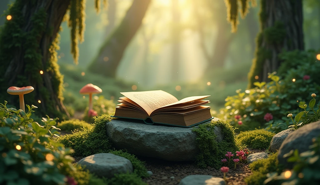 A book on a stone in the middle of the garden, Natural and realistic rendering, Forest Background, In a picturesque forest diorama, Lush vegetation in the background, 魔法Forest Background, Depth of Field Background, 精灵Forest Background, Woodland Background, 柔软的Forest Background, Fantasy forest environment, 魔法Forest Background, Realistic scene, Miniature Forest, The nature of reality, Realistic garden