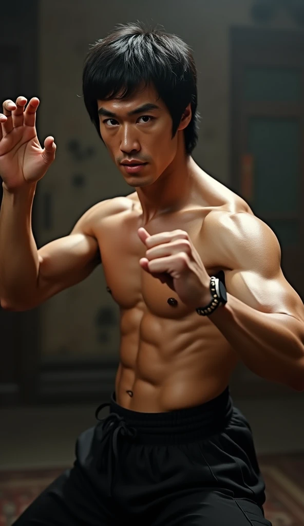 photorealistic, 8k, hyperrealistic, a Bruce Lee in a fighting stance, muscular male body, shirtless, wearing black trousers and black china shoes, highly detailed face, intense expression, dramatic lighting, cinematic composition, chiaroscuro, dramatic shadows, photographic realism