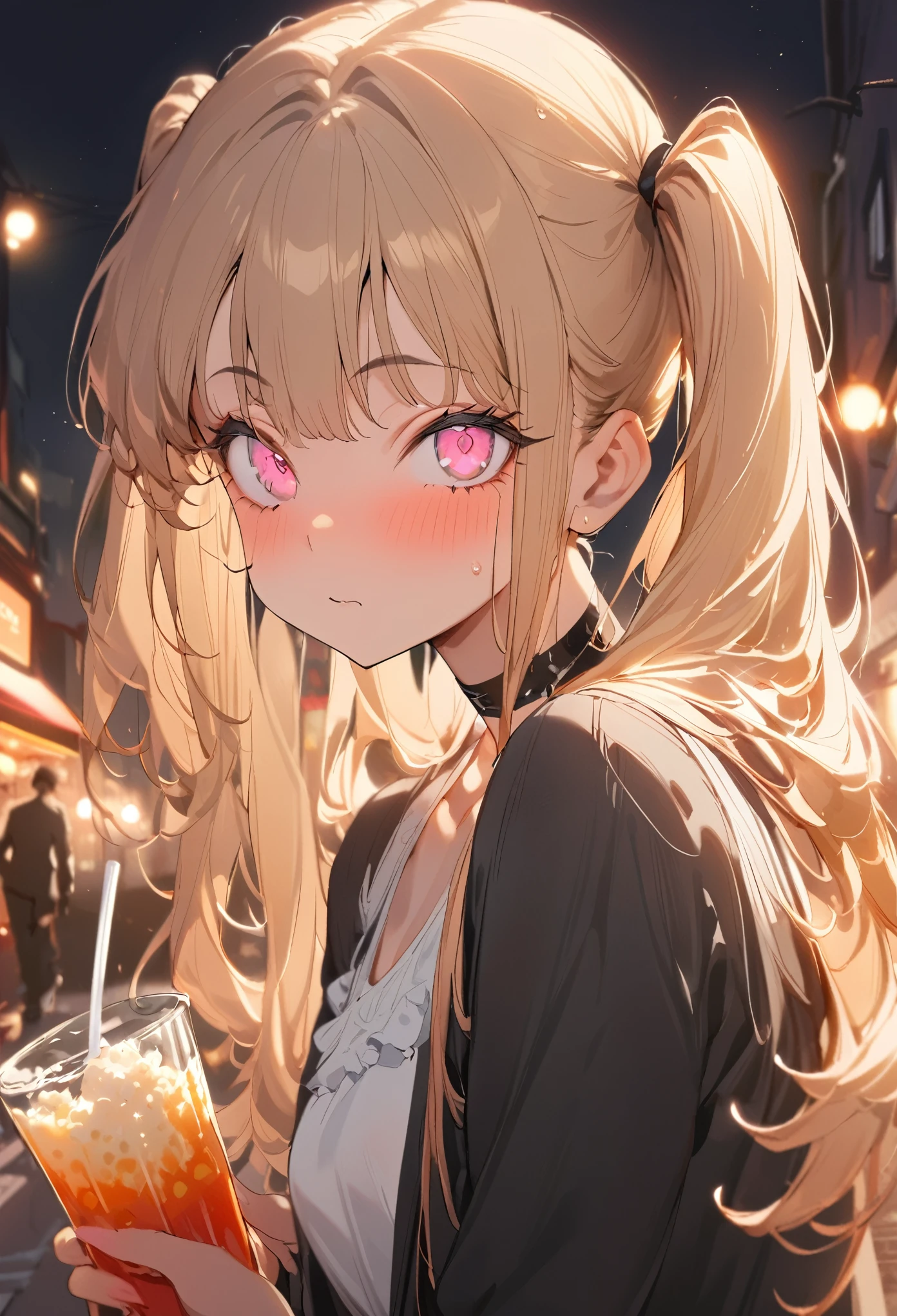 1 girl,white shirts, black jacket, gold hair,long hair, straight hair, black frill dress,black chocker,,from front, looking viewer,drink tapioca,twin pigtails, pink eyes,narrow eye,at night,warm light on the street,irritation,masterpiece,best quality, ultra detail, beautiful eyes,perfect hand,