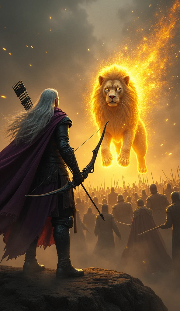 Raven, the dark elf archer, stands firm in the heart of a shadowy forest, his deep purple leather armor blending seamlessly into the darkness. His long silver hair flows in the wind as he nocks an arrow on his black bow, which pulses with a subtle golden light. With a determined gaze, Raven releases the arrow, sending it streaking through the air. As it flies, the arrow transforms into a small yet fierce lion made of golden energy, its form glowing brightly against the gloom.
The golden lion, though small, lets out a powerful roar as it races toward the vast enemy horde. The dark army stretches across the battlefield, a sea of shadowy figures armed with wicked blades and burning red eyes. The lion charges headlong into the mass, and with each leap and swipe of its glowing claws, enemies are thrown back, disintegrating into nothingness.
The lion darts through the enemy ranks with incredible speed, leaving trails of golden light in its wake. Though small, its impact is immense, as the golden energy ripples out from every strike, cutting swathes through the enemy lines. The once-overwhelming horde begins to falter, their numbers rapidly dwindling as the lion’s relentless assault continues.
As the golden lion weaves through the battlefield, the dark forest is illuminated by the glow of its attacks, revealing the scale of destruction it leaves behind. The enemies, once confident in their numbers, are now in disarray, struggling to regroup as the lion presses its advantage. The horde crumbles under the lion’s fierce onslaught, until at last, the battlefield falls silent, the enemy force reduced to mere shadows of what they once were.
Raven lowers his bow, the lion fading into the ether, leaving behind a battlefield littered with the remnants of the defeated, the light of victory shining through the once-darkened forest.