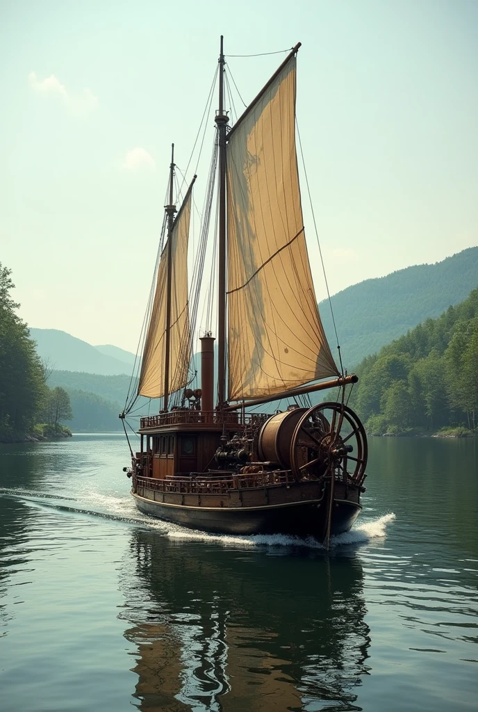Steamboat with paddlewheel and sails, and with rooms for 5 passengers