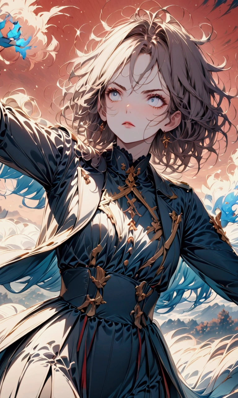 aesthetic background, best quality, perfect quality, cute face, girl fighting, beautiful background scenery of red sky behind her, red king messy hair, white eyes, she’s serious, black tight shirt, black pants, black coat, blue fire powers