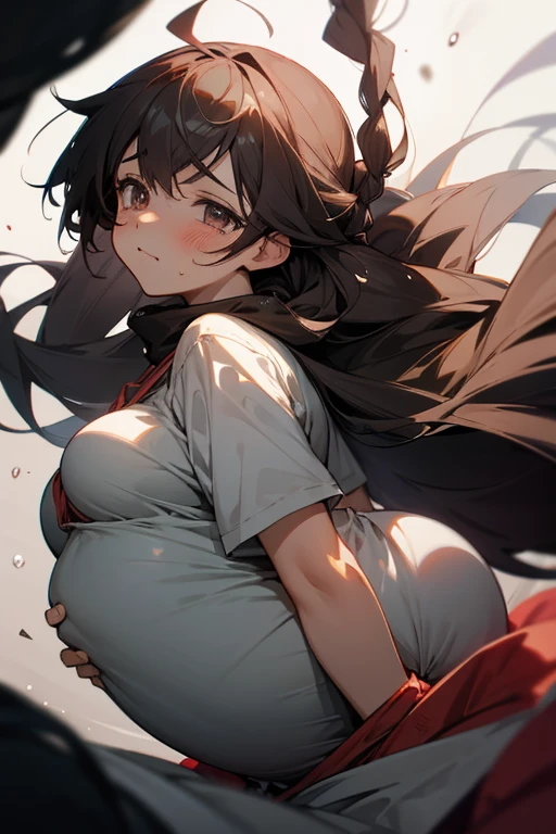 Pregnant man near birth, hanging hair, tears flowing, anime